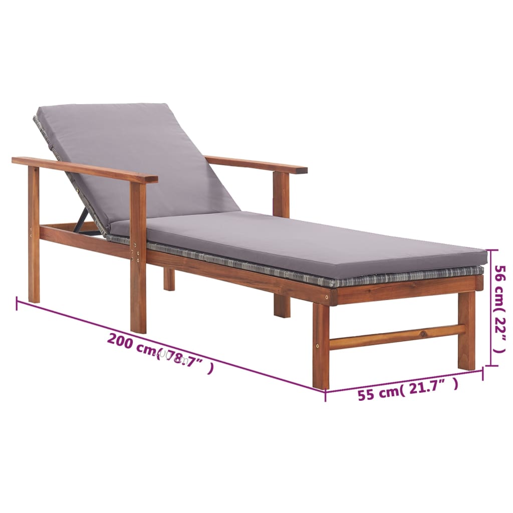 Sonnenliege mit Auflage Poly Rattan Akazie Massivholz Grau