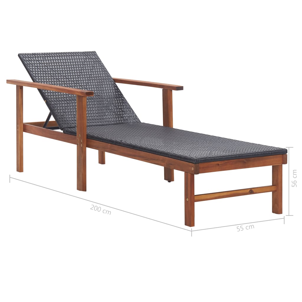 Sonnenliege Poly Rattan und Akazie Massivholz Schwarz