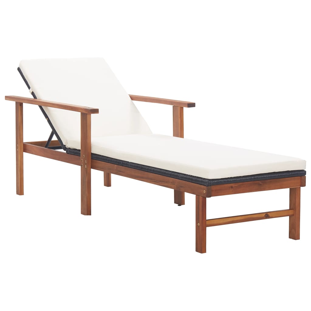 Sonnenliege mit Auflage Poly Rattan Akazie Massivholz Schwarz