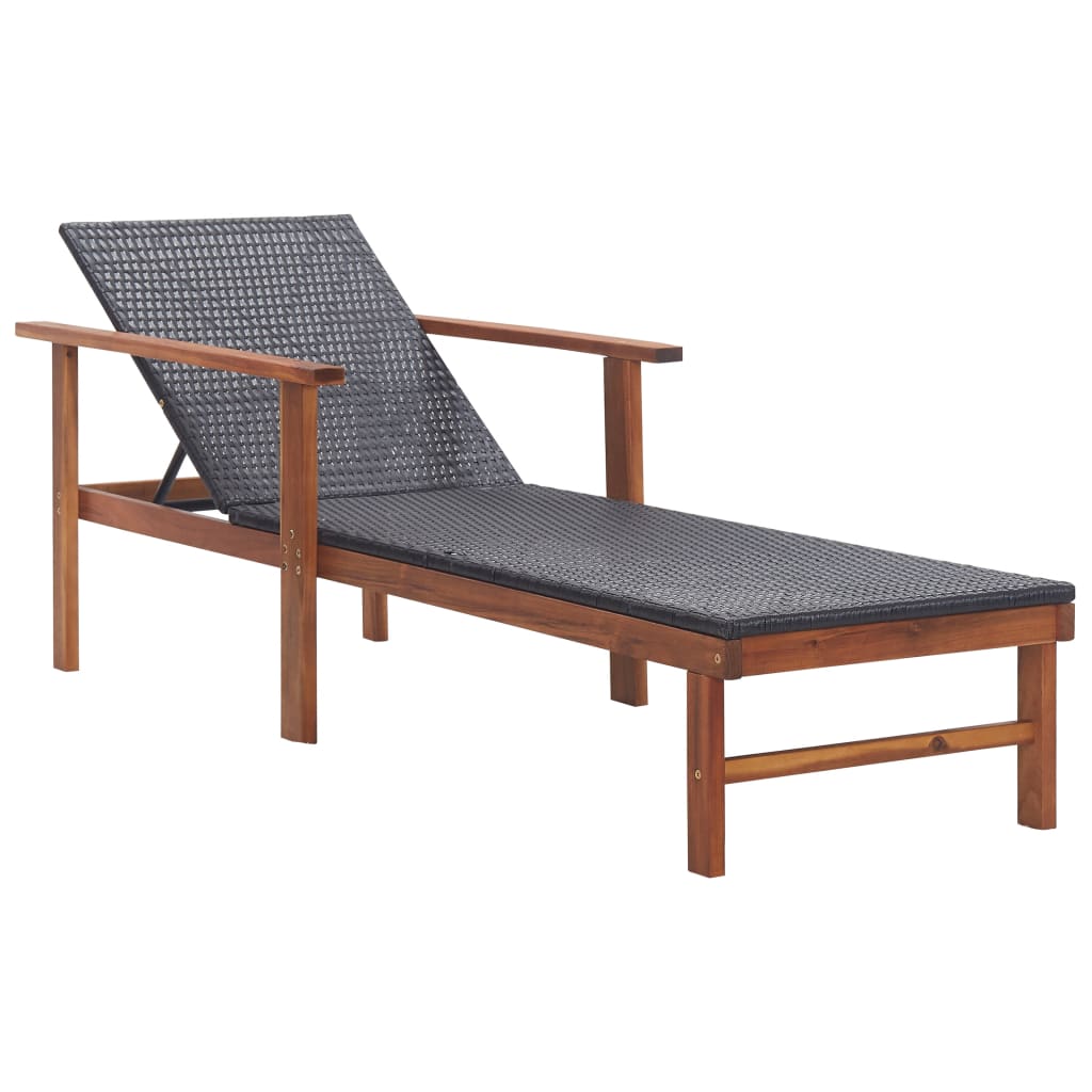 Sonnenliege mit Auflage Poly Rattan Akazie Massivholz Schwarz