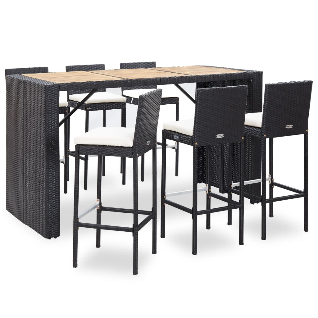 7-tlg. Gartenbar-Set mit Auflagen Poly Rattan Schwarz