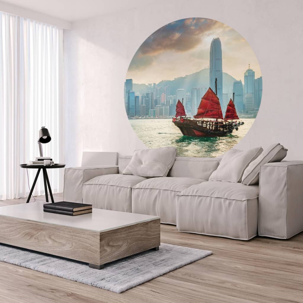 WallArt Fototapete Skyline with Junk Boat Rund 190 cm