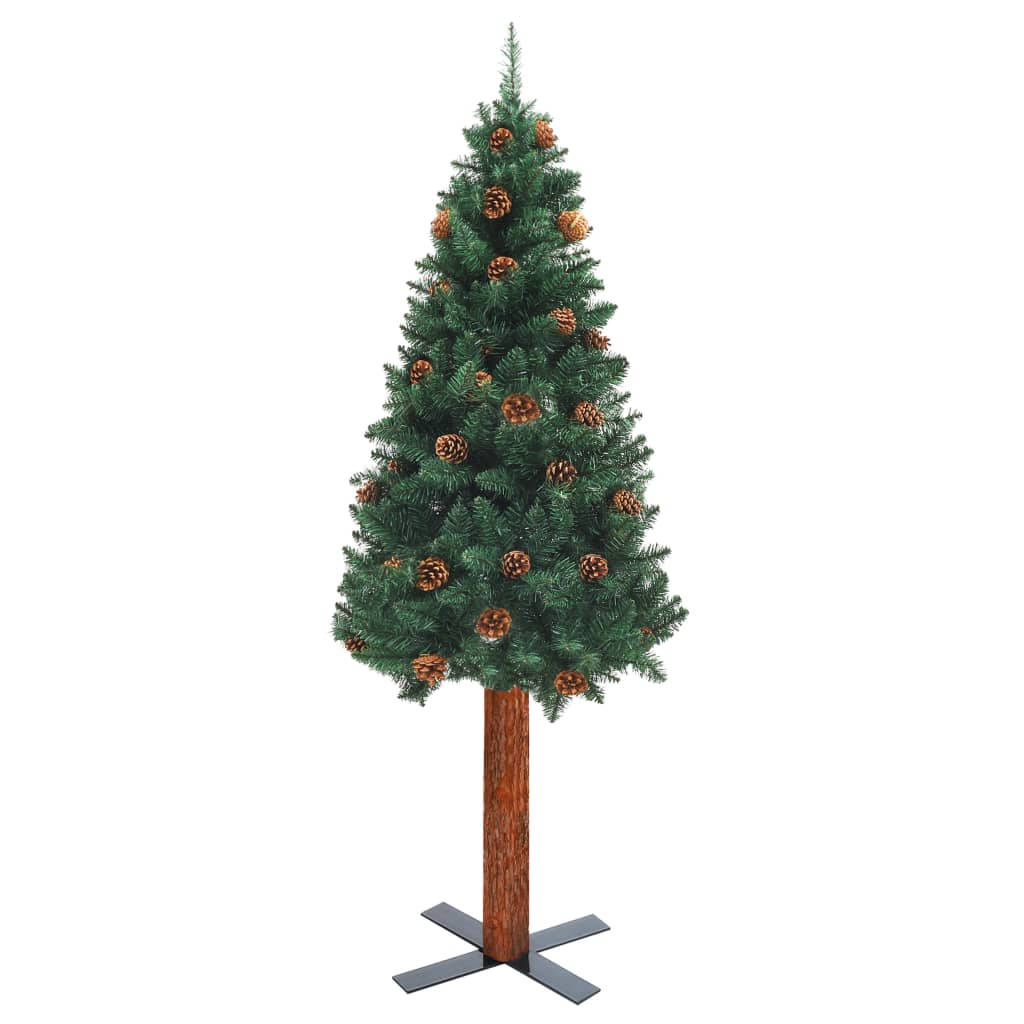 Schlanker Weihnachtsbaum mit Echtholz und Zapfen Grün 210cm PVC