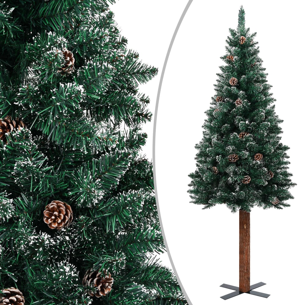 Schlanker Weihnachtsbaum mit Echtholz und Schnee Grün 210 cm