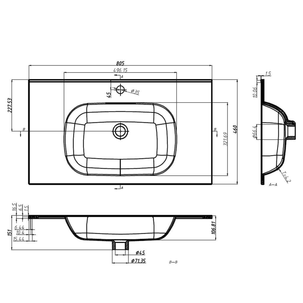 Einbauwaschbecken 805x460x105 mm SMC Weiß