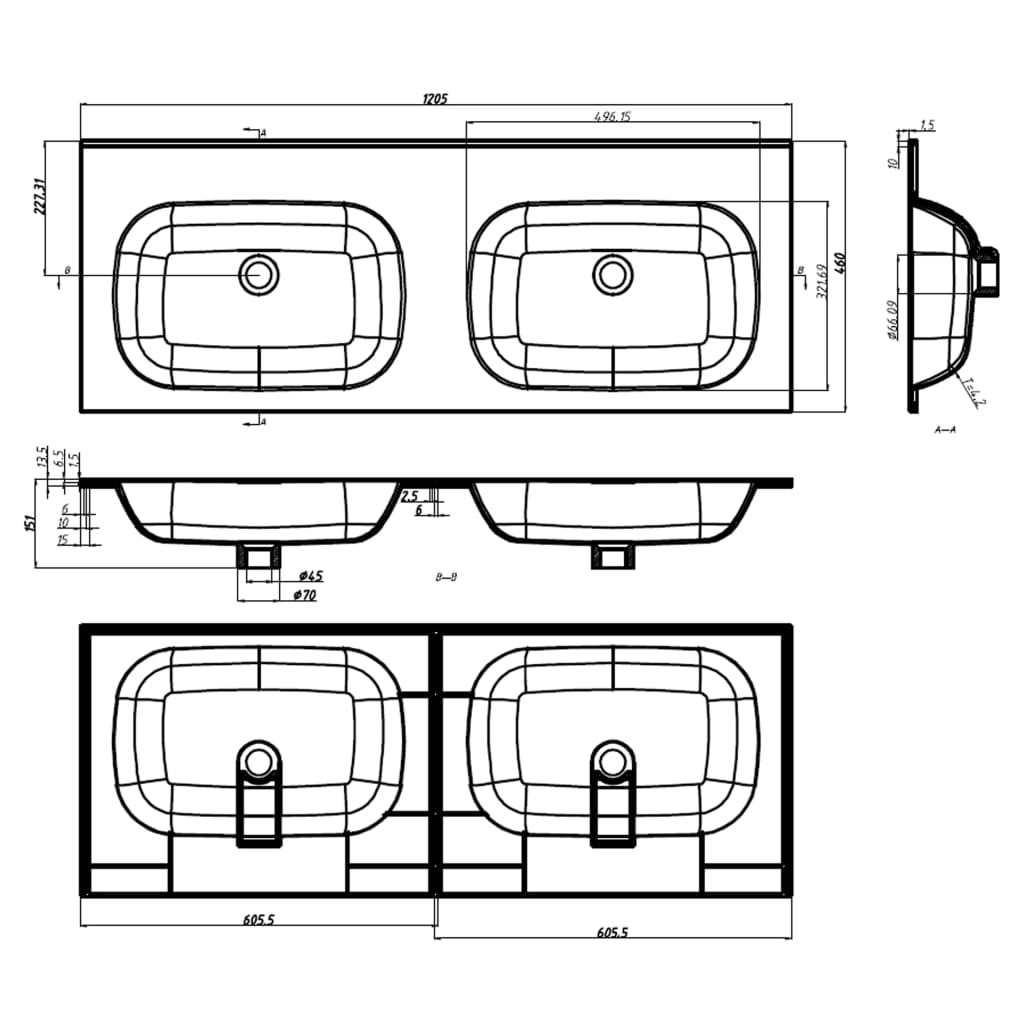 Einbau-Doppelwaschbecken 1205x460x145 mm SMC Weiß