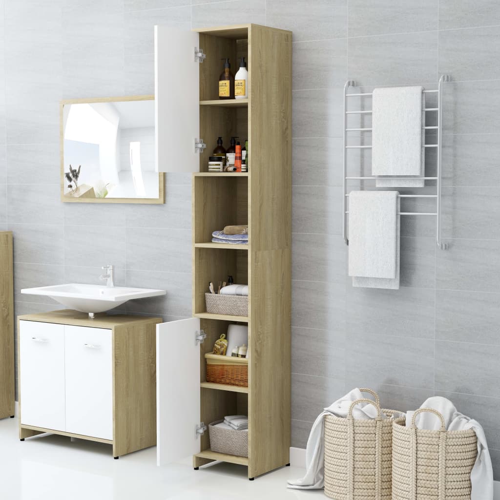 Badezimmerschrank Weiß Sonoma-Eiche 30x30x183,5cm Holzwerkstoff