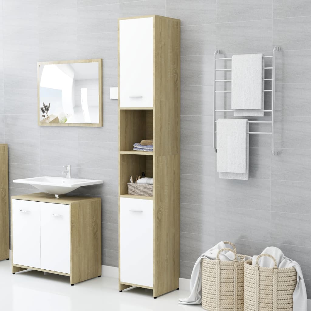 Badezimmerschrank Weiß Sonoma-Eiche 30x30x183,5cm Holzwerkstoff