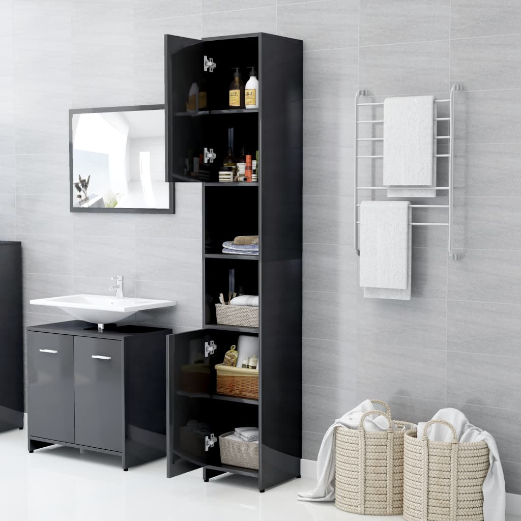 Badezimmerschrank Hochglanz-Grau 30x30x183,5 cm Holzwerkstoff