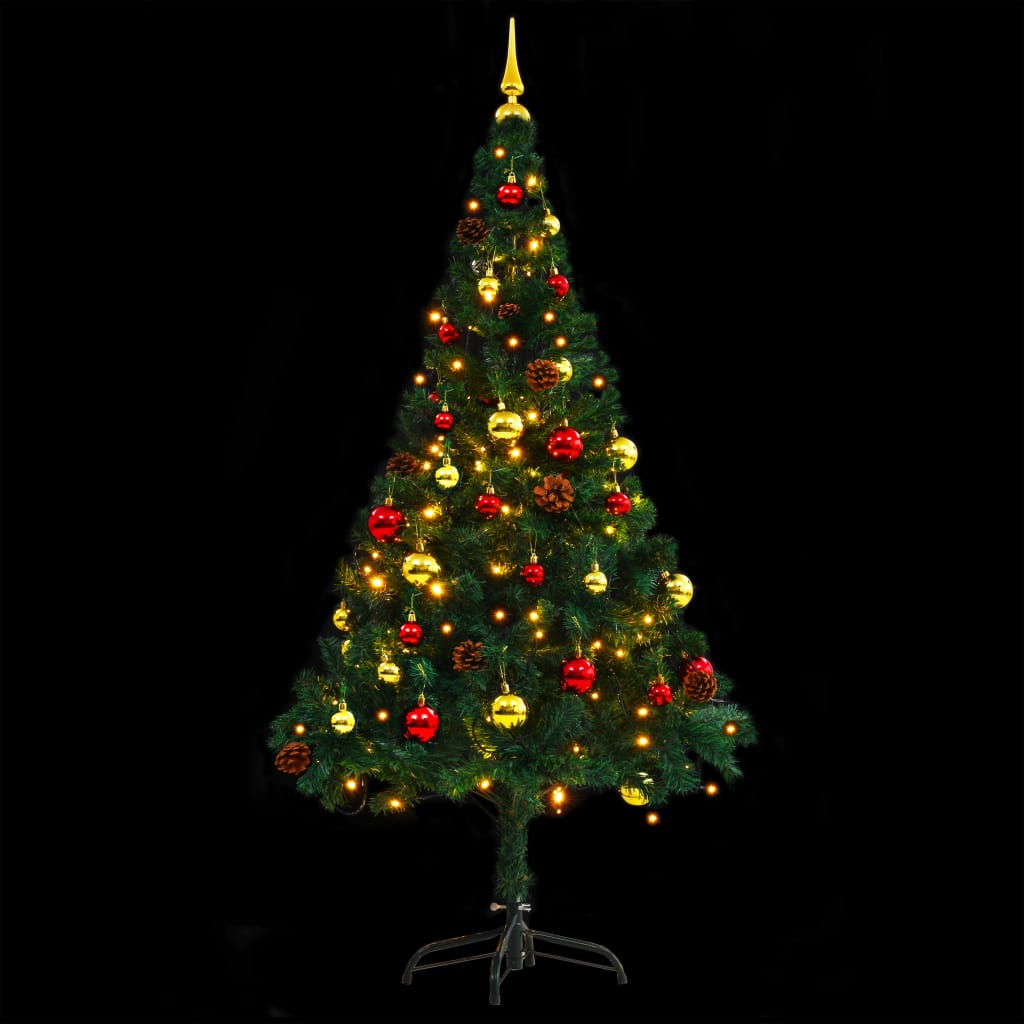 Künstlicher Weihnachtsbaum mit Kugeln und LEDs Grün 150 cm
