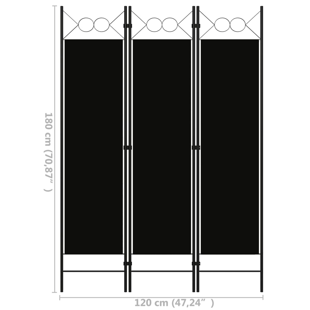 3-tlg. Raumteiler Schwarz 120 x 180 cm