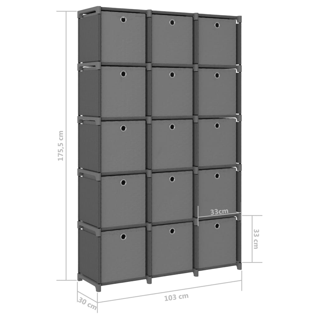 Würfel-Regal mit Boxen 15 Fächer Grau 103x30x175,5 cm Stoff