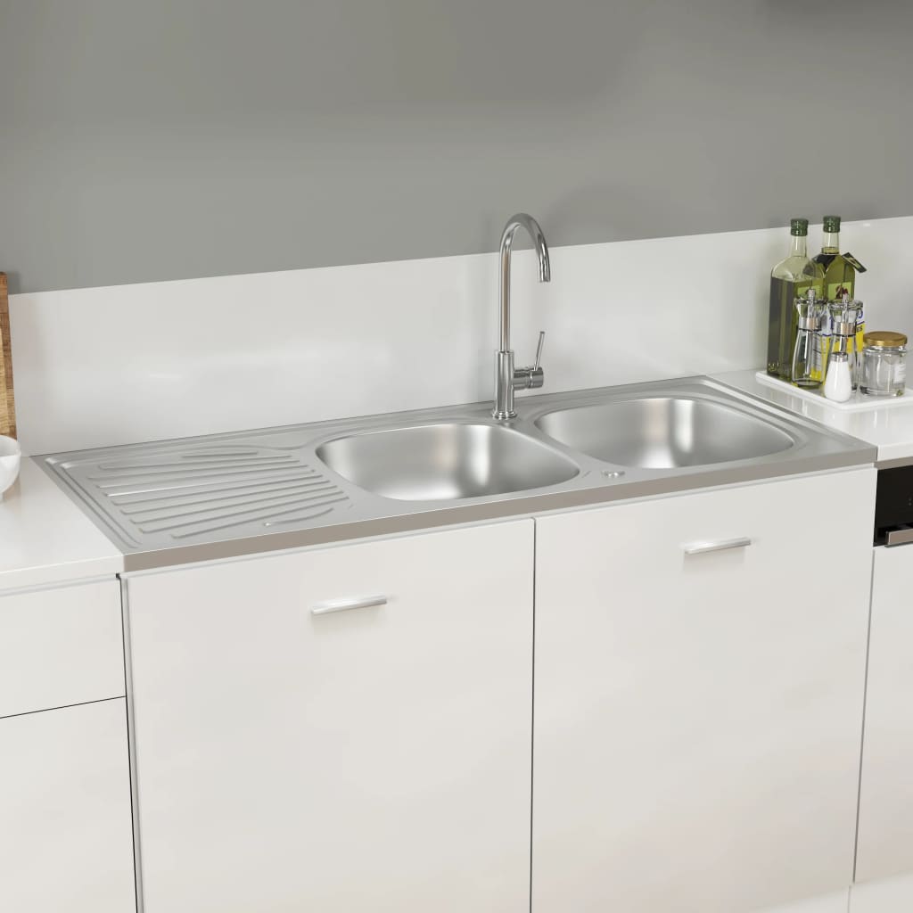 Küchenspüle mit Doppelbecken Silbern 1200x600x155 mm Edelstahl