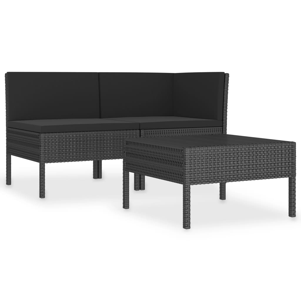 3-tlg. Garten-Lounge-Set mit Auflagen Poly Rattan Schwarz