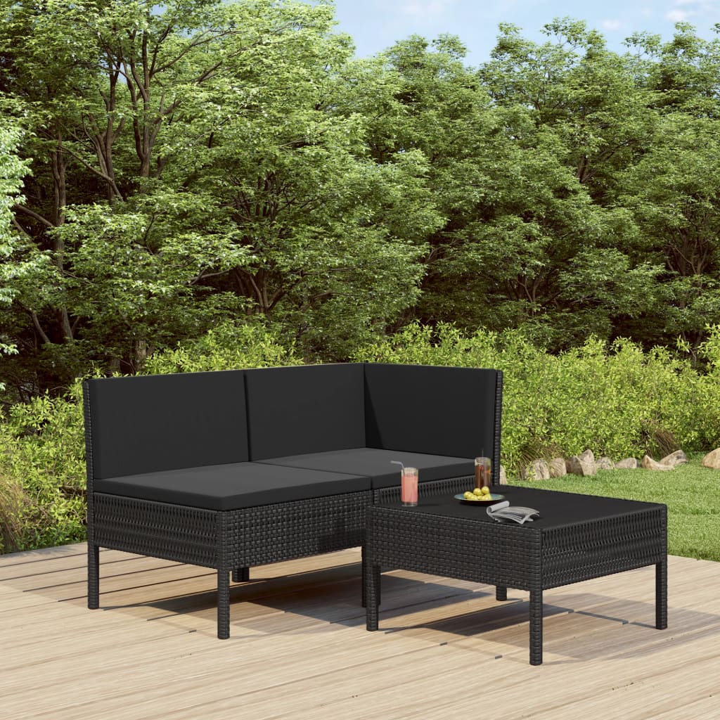 3-tlg. Garten-Lounge-Set mit Auflagen Poly Rattan Schwarz