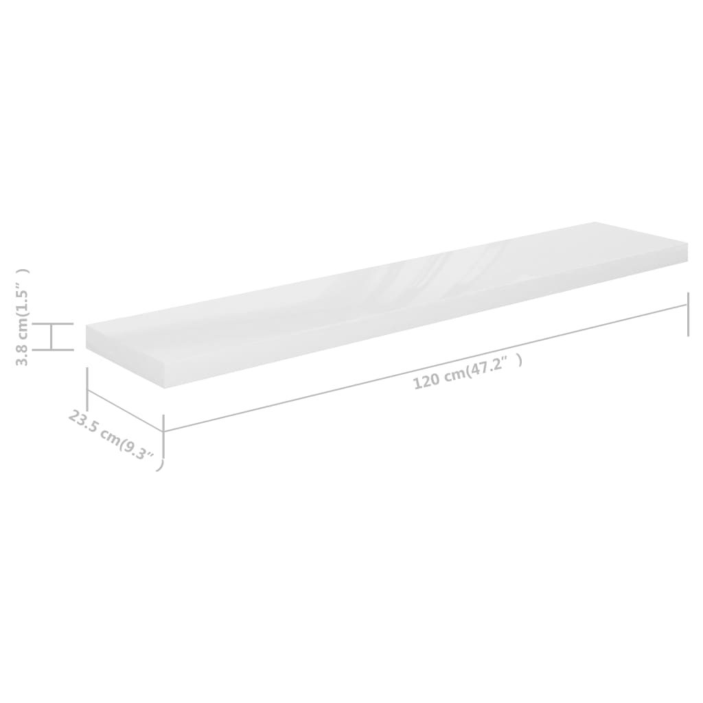 Schwebende Wandregale 2 Stk. Hochglanz-Weiß 120x23,5x3,8cm MDF