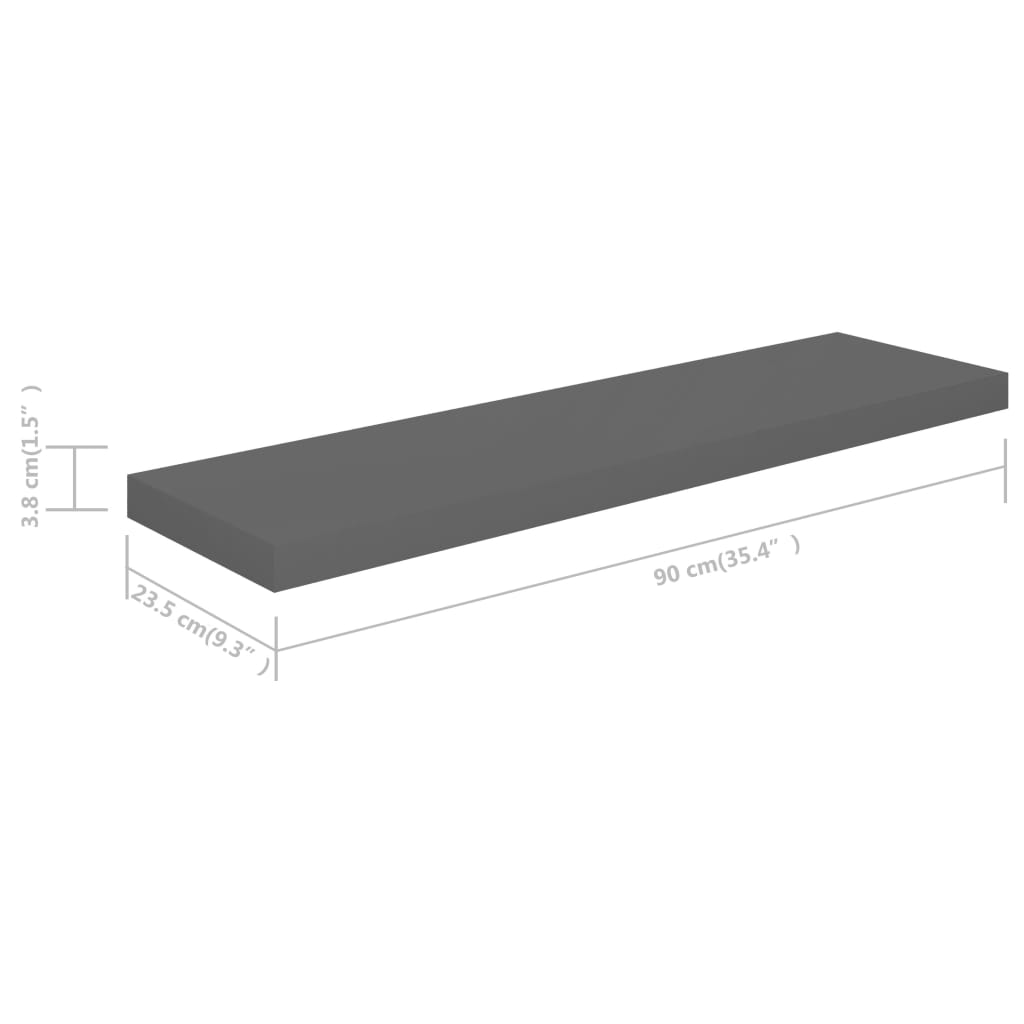 Schwebende Wandregale 2 Stk. Hochglanz-Grau 90x23,5x3,8cm MDF