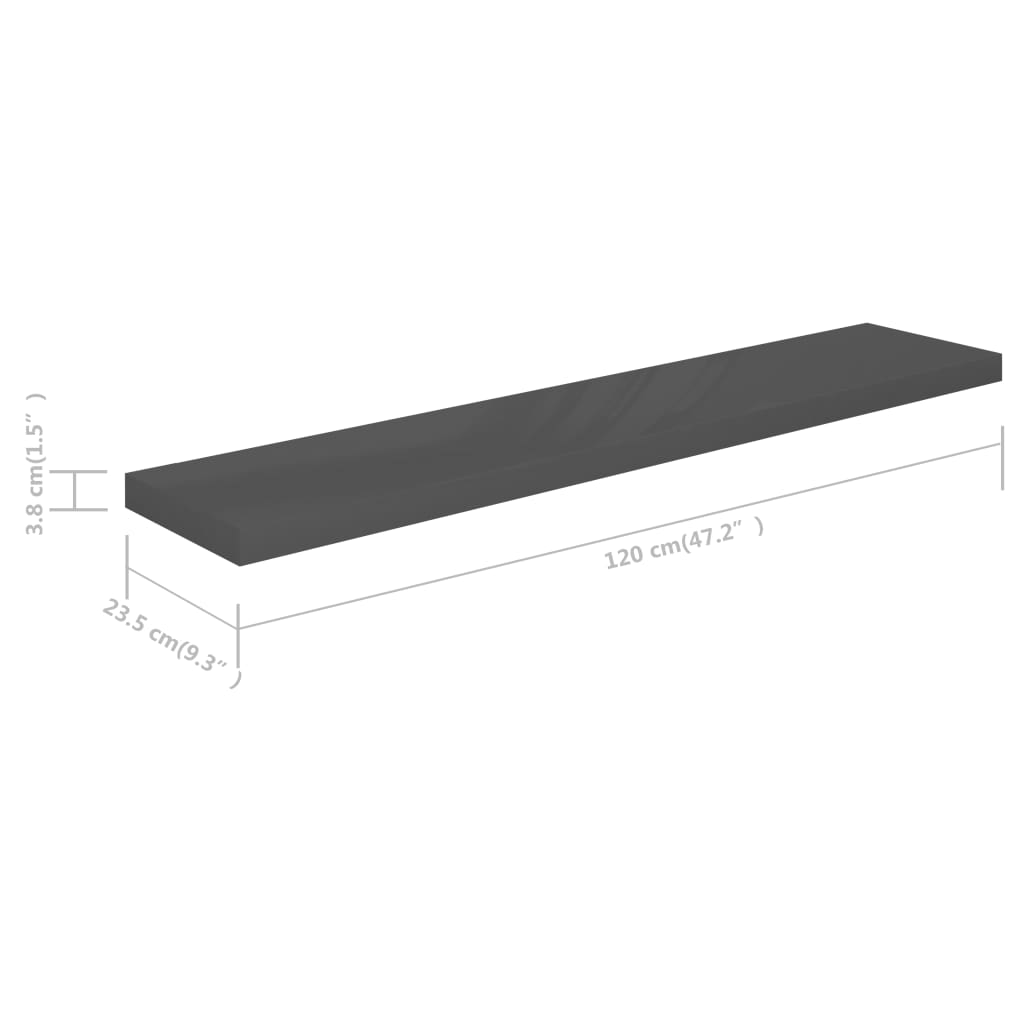 Schwebendes Wandregal Hochglanz-Grau 120x23,5x3,8 cm MDF