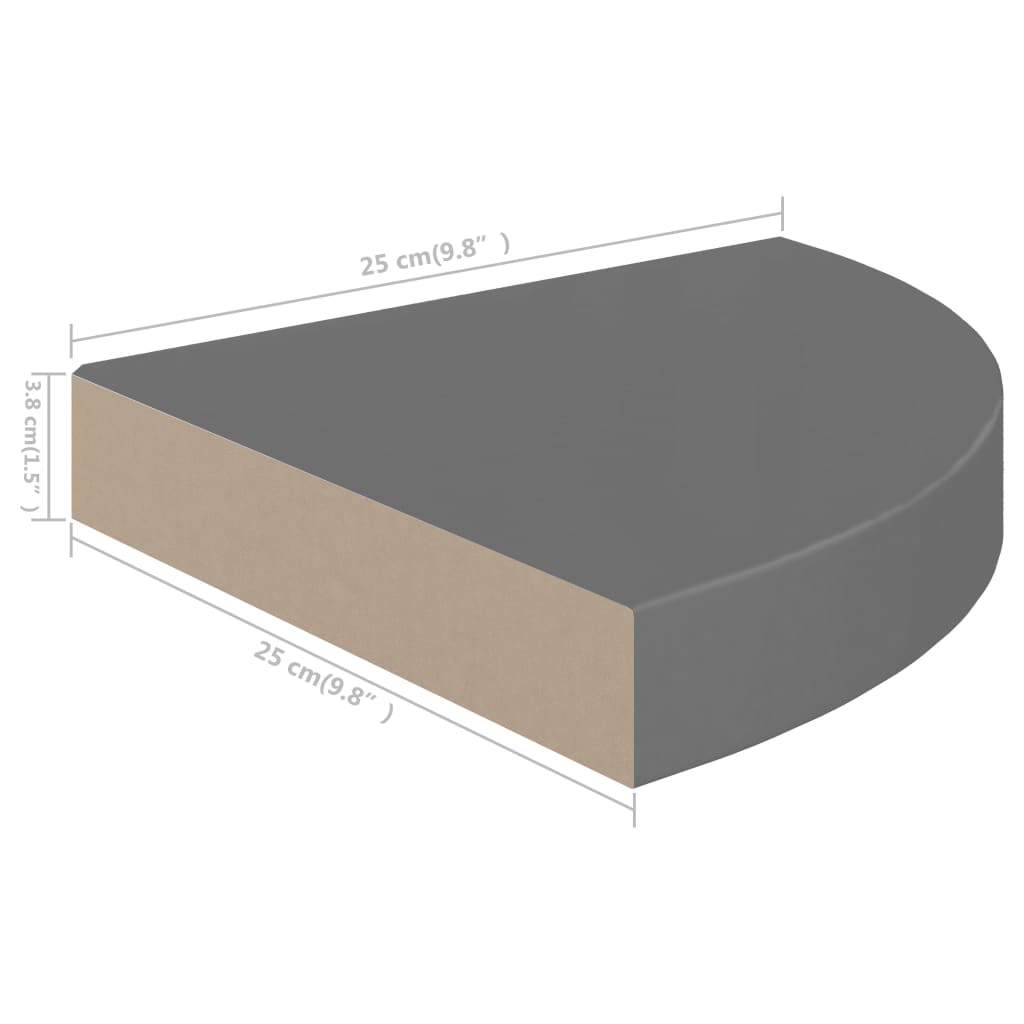 Eck-Schweberegale 2 Stk. Hochglanz-Grau 25x25x3,8 cm MDF