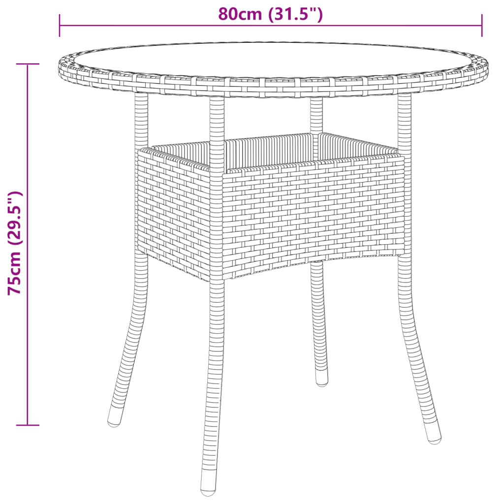 Gartentisch Ø80x75 cm Hartglas und Poly Rattan Braun