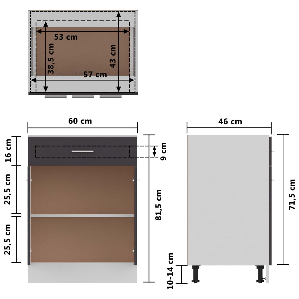 Schubunterschrank Hochglanz-Grau 60x46x81,5 cm Holzwerkstoff