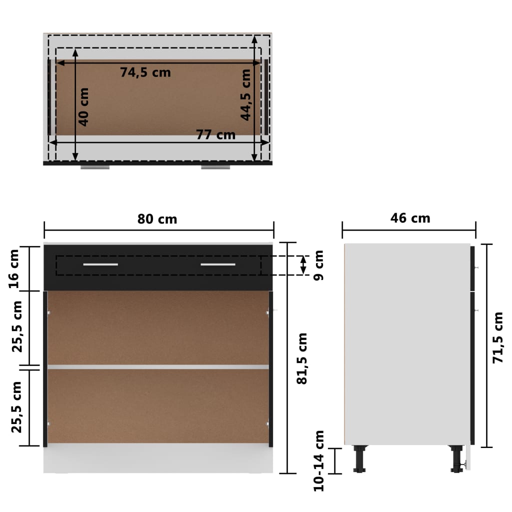 Schubunterschrank Hochglanz-Schwarz 80x46x81,5 cm Holzwerkstoff