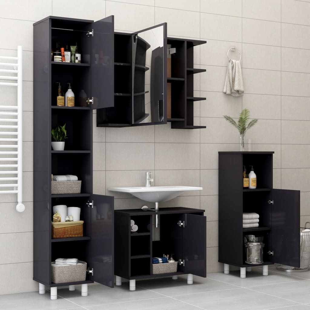 Badezimmerschrank Hochglanz-Grau 30x30x179 cm Holzwerkstoff