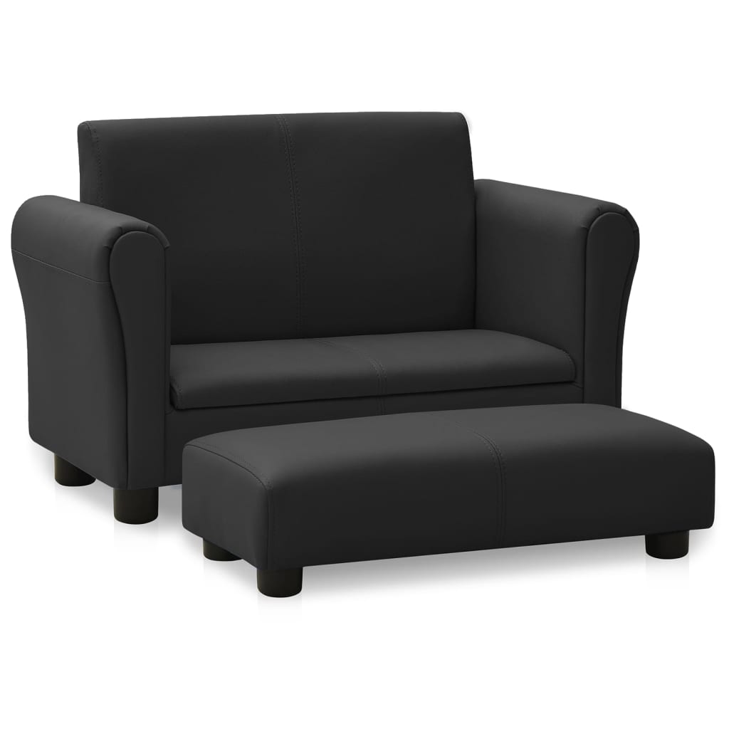 Kindersofa mit Hocker Schwarz Kunstleder