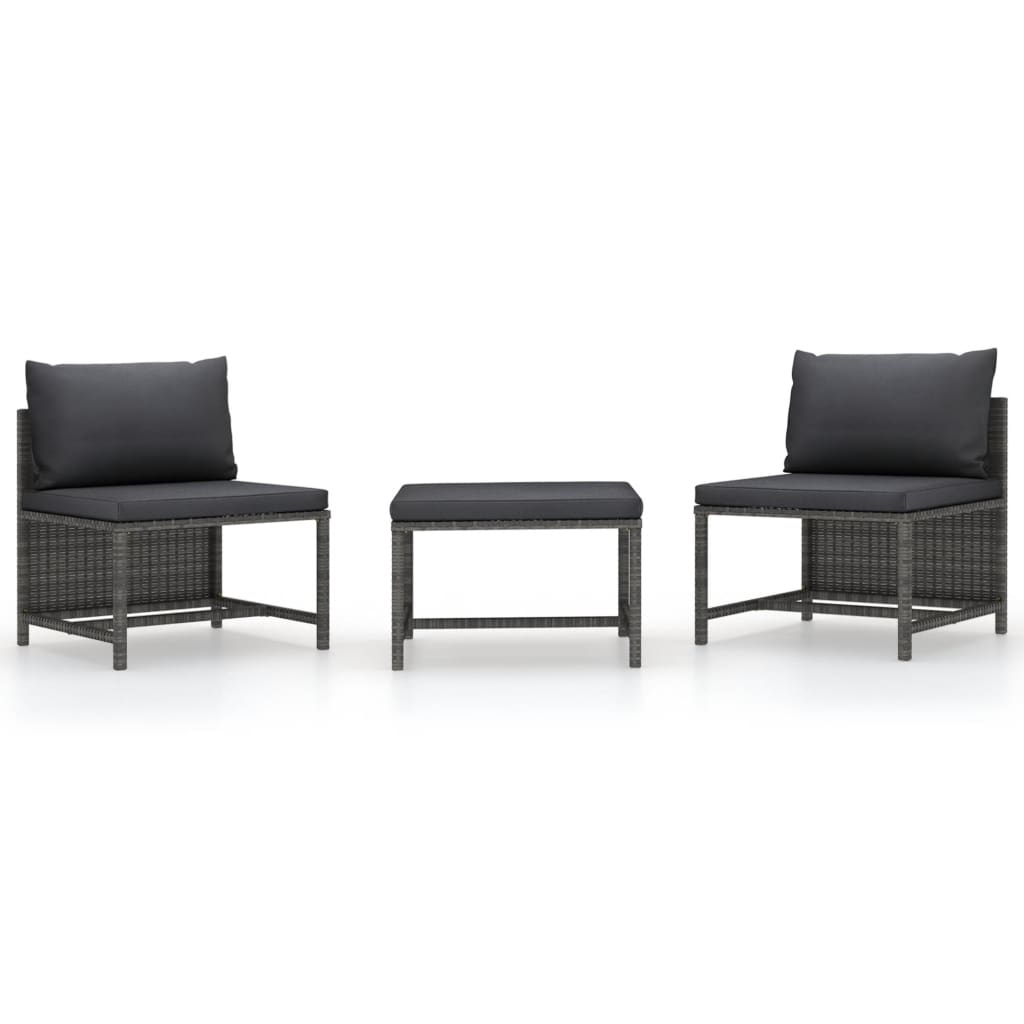 3-tlg. Garten-Sofagarnitur mit Kissen Grau Poly Rattan