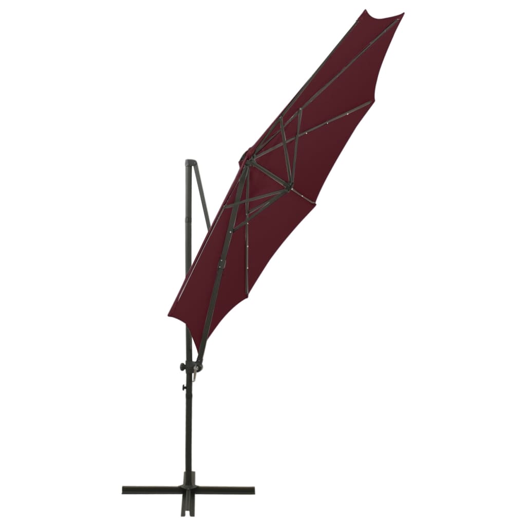 Ampelschirm mit Mast und LED-Leuchten Bordeauxrot 300 cm
