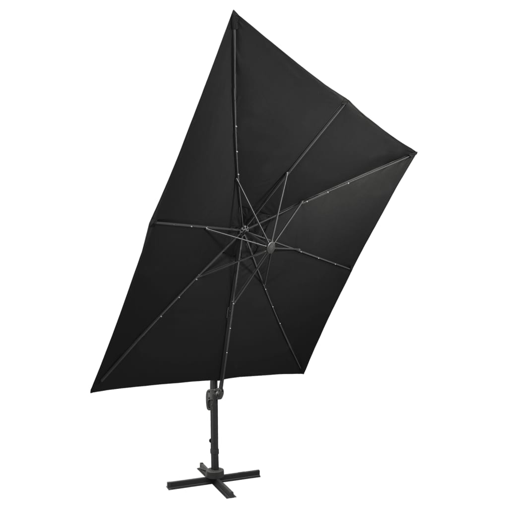 Ampelschirm mit Mast und LED-Leuchten Schwarz 300 cm