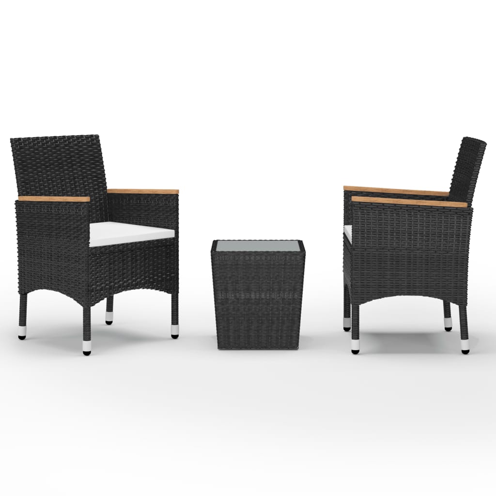 3-tlg. Bistro-Set Poly Rattan und Hartglas Schwarz
