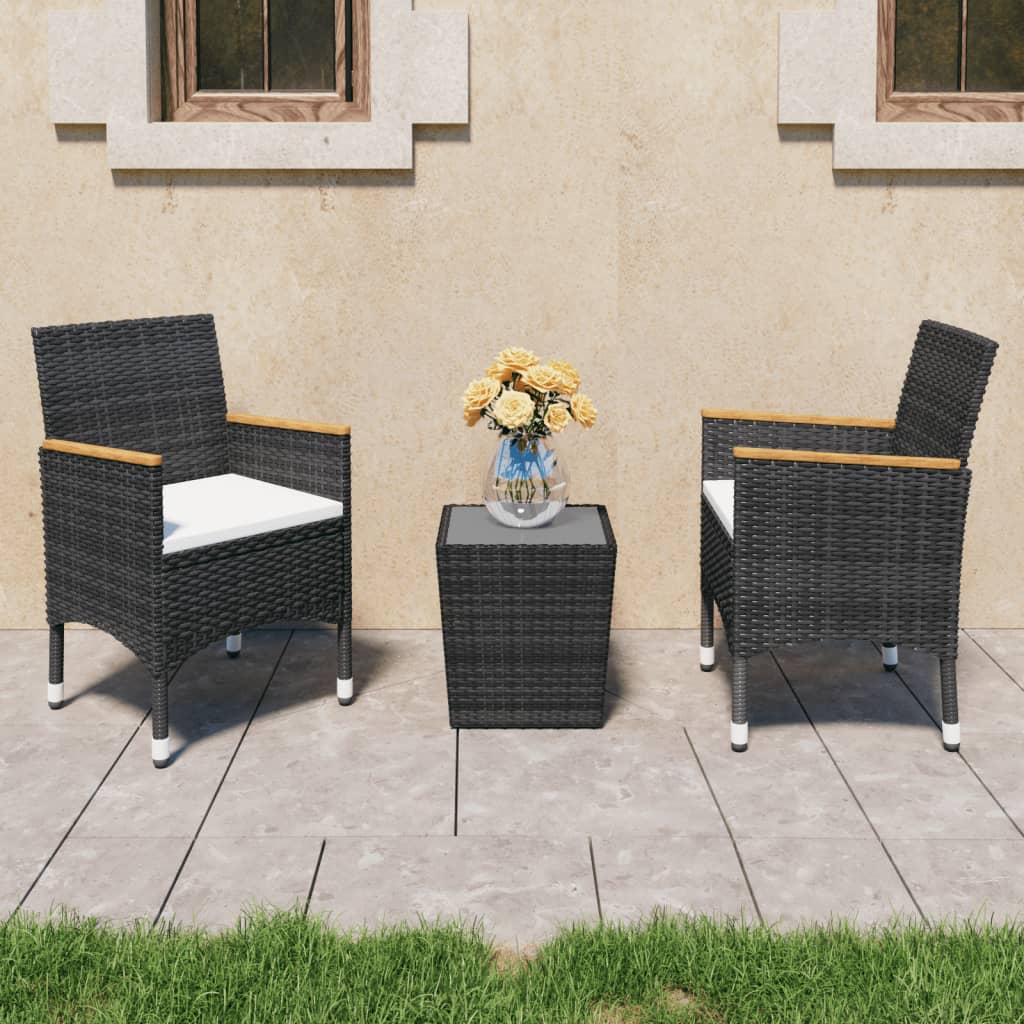 3-tlg. Bistro-Set Poly Rattan und Hartglas Schwarz