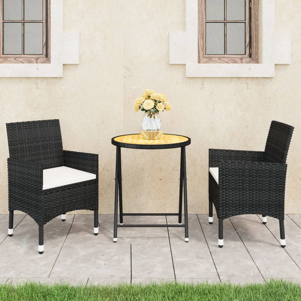 3-tlg. Bistro-Set Poly Rattan und Akazienholz Schwarz