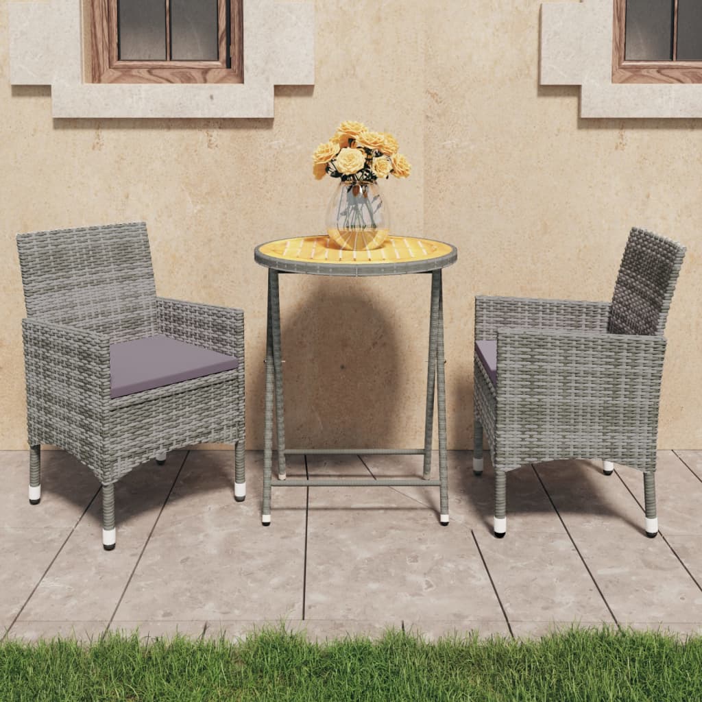 3-tlg. Bistro-Set Poly Rattan und Akazienholz Grau