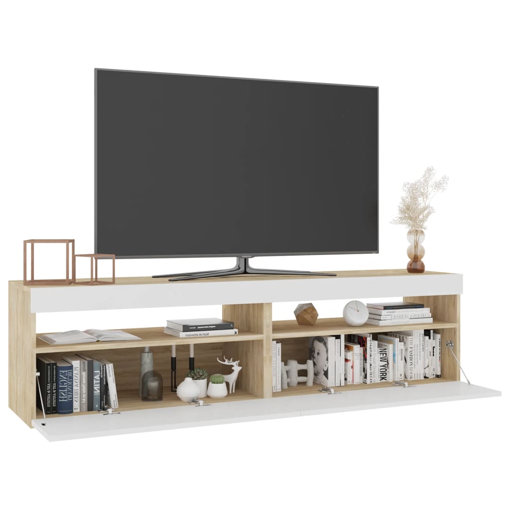 TV-Schränke 2 Stk. mit LED-Leuchten Weiß & Sonoma 75x35x40 cm
