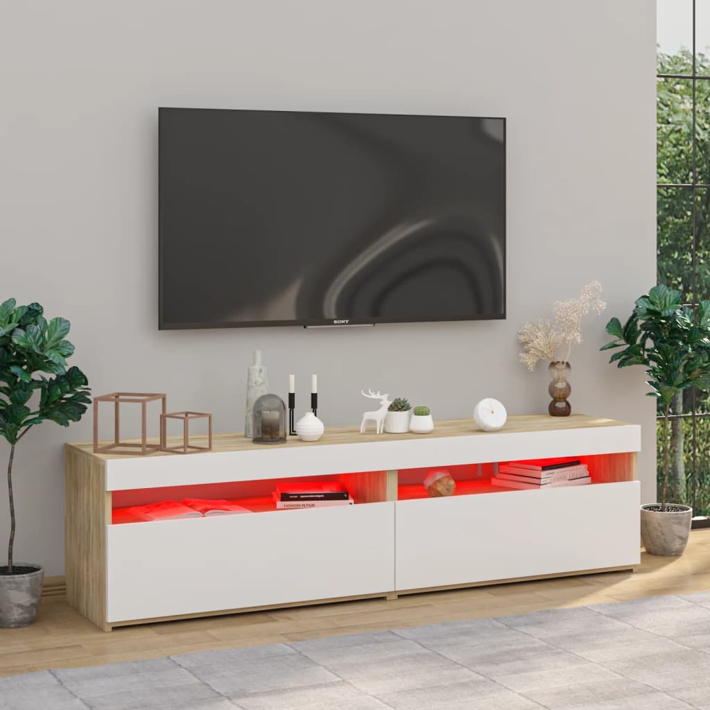 TV-Schränke 2 Stk. mit LED-Leuchten Weiß & Sonoma 75x35x40 cm