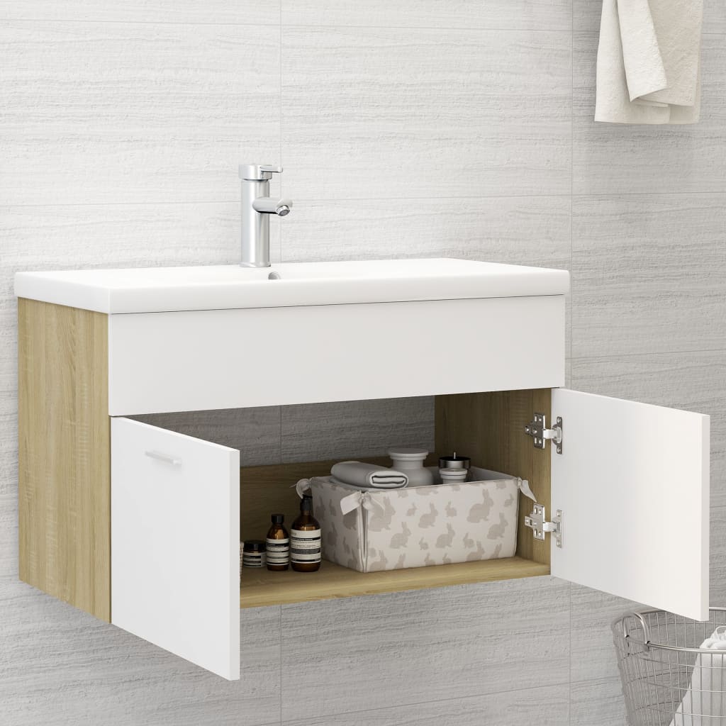 Waschbeckenunterschrank Weiß Sonoma-Eiche 80x38,5x46 cm