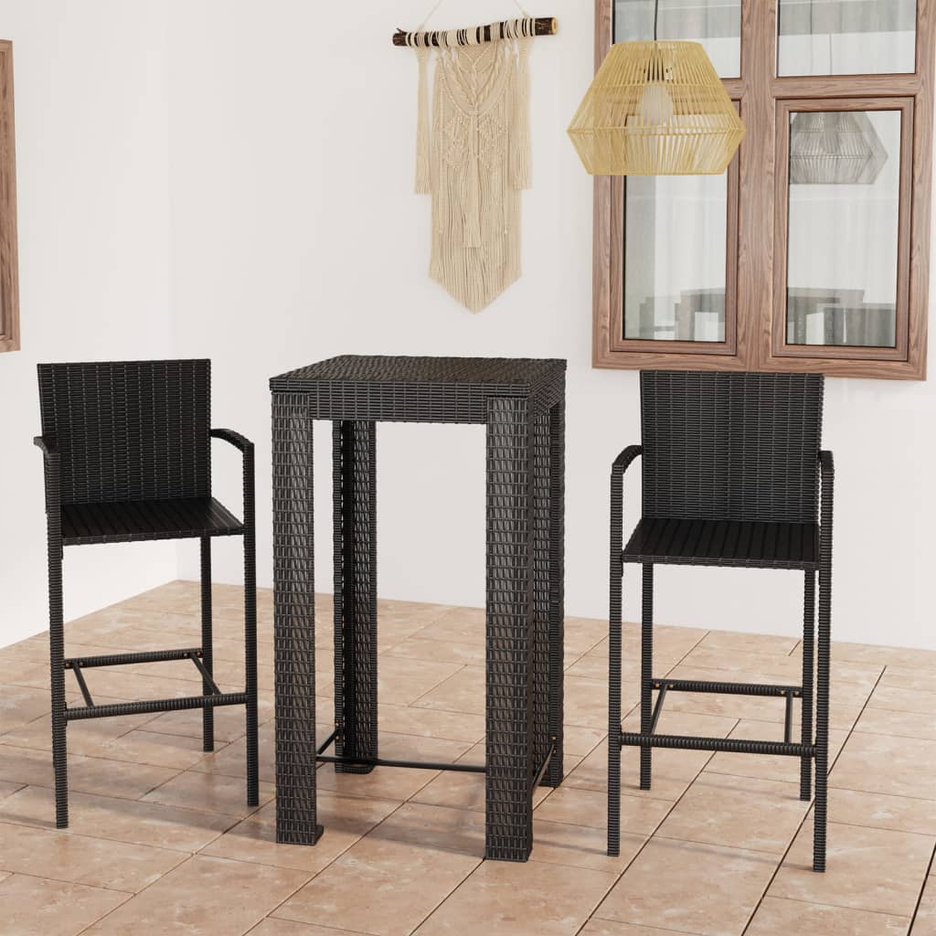 3-tlg. Garten-Bar-Set mit Armlehnen Poly Rattan Schwarz