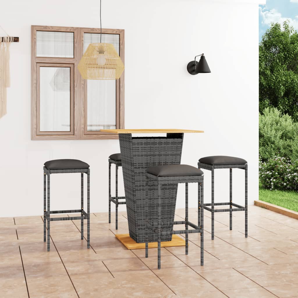 5-tlg. Gartenbar-Set mit Kissen Poly Rattan Grau