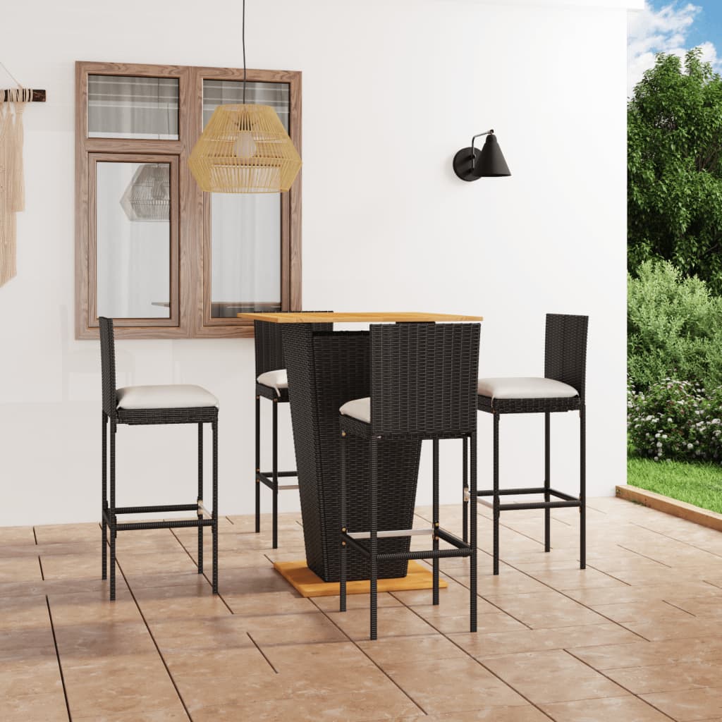 5-tlg. Gartenbar-Set mit Kissen Poly Rattan Schwarz