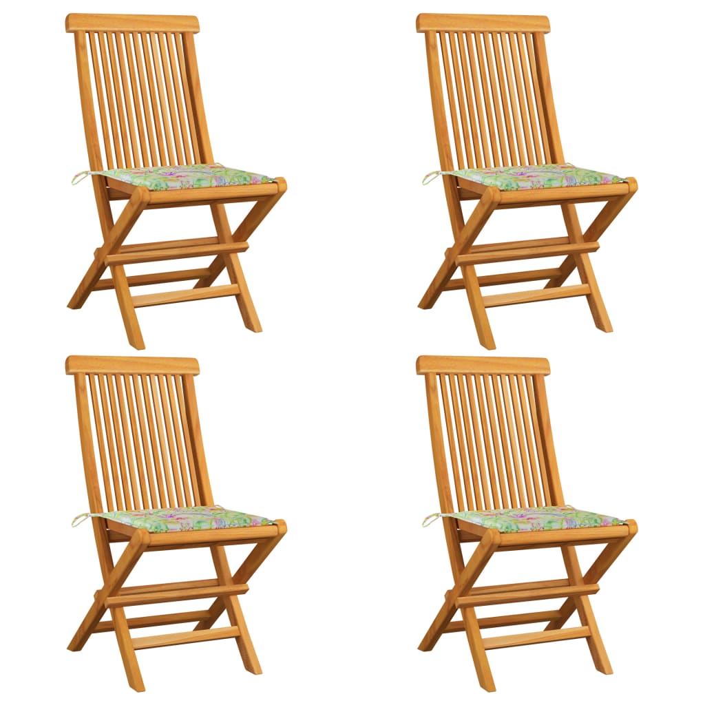Gartenstühle mit Blattmuster-Kissen 4 Stk. Massivholz Teak