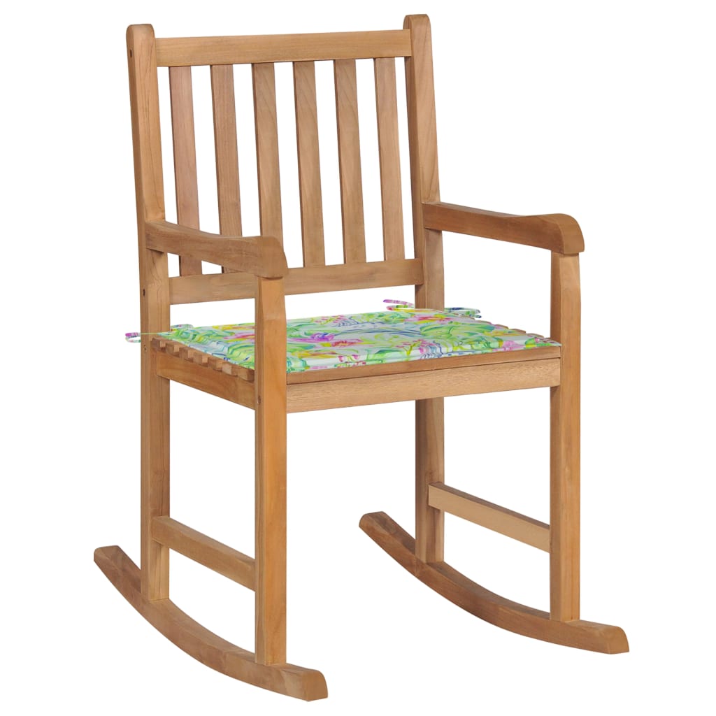 Schaukelstuhl mit Blattmuster Kissen Massivholz Teak