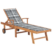 Thumbnail for Sonnenliege mit Auflage Graues Karomuster Massivholz Teak