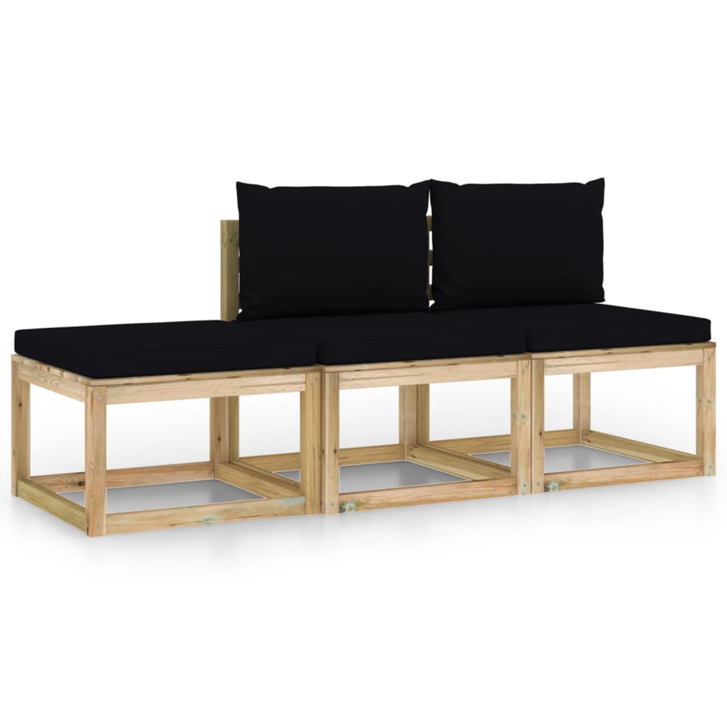3-tlg. Garten-Lounge-Set mit Schwarzen Kissen