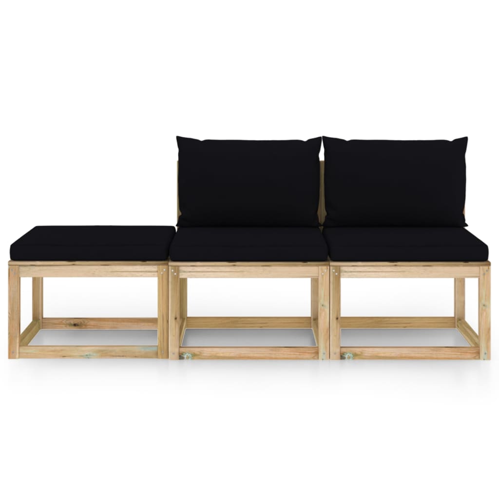 3-tlg. Garten-Lounge-Set mit Schwarzen Kissen