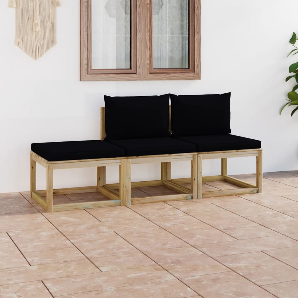 3-tlg. Garten-Lounge-Set mit Schwarzen Kissen