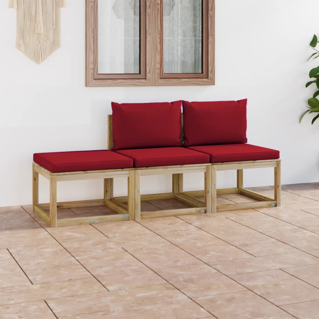3-tlg. Garten-Lounge-Set mit Weinroten Kissen