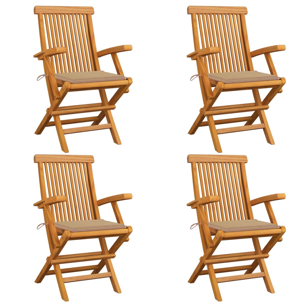 Gartenstühle mit Beige Kissen 4 Stk. Teak Massivholz