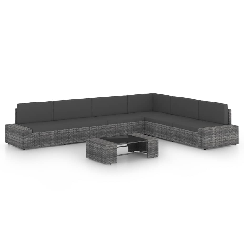 7-tlg. Garten-Lounge-Set mit Kissen Grau Poly Rattan
